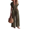 thumbnail image 3 of IUYRTFE Women V Neck Short Sleeve Wide Leg Jumpsuit with Drawstring Waist and Pockets for Vacation Beach Summer, 3 of 6