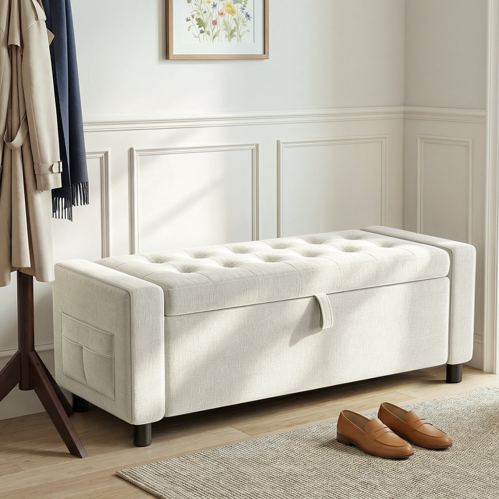 46" Storage Ottoman Bench with Hidden Compartment & Side Pocket,400 lbs Capacity,Safety Hinge,Multi-Functional End of Bed/Entryway Storage,Beige