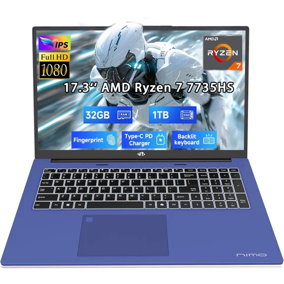 17.3" New Business Laptop, AMD Ryzen 7 7735HS (8C/16T), 32GB RAM 1TB NVMe SSD, Radeon 680M for Light Gaming, PD 100W Type-C WiFi-6E BT5.2 Fingerprint Unlock Backlit Keyboard for Working & Student