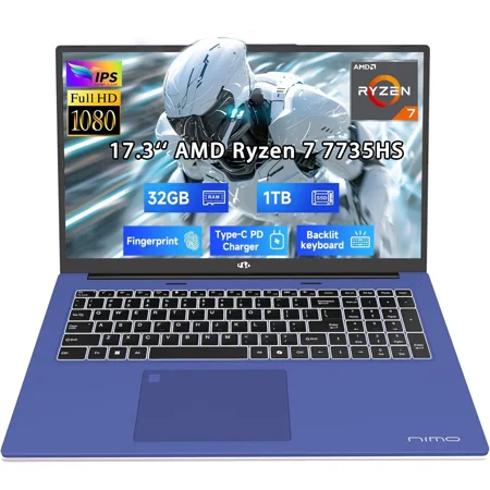 17.3" New Business Laptop, AMD Ryzen 7 7735HS (8C/16T), 32GB RAM 1TB NVMe SSD, Radeon 680M for Light Gaming, PD 100W Type-C WiFi-6E BT5.2 Fingerprint Unlock Backlit Keyboard for Working & Student