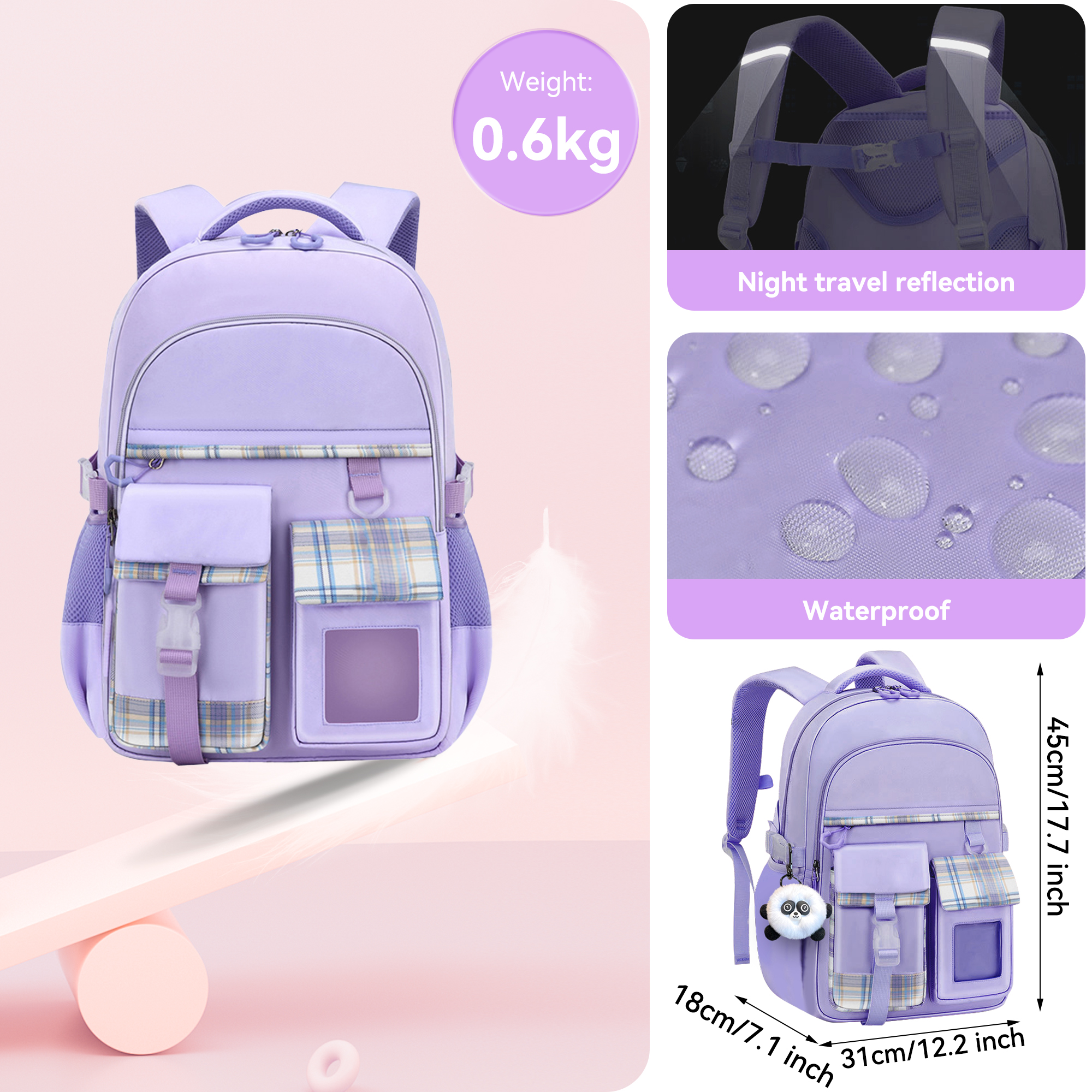 School Backpacks for Girls,Kids Casual Bookbag School Bag with panda for Child Teens,Purple