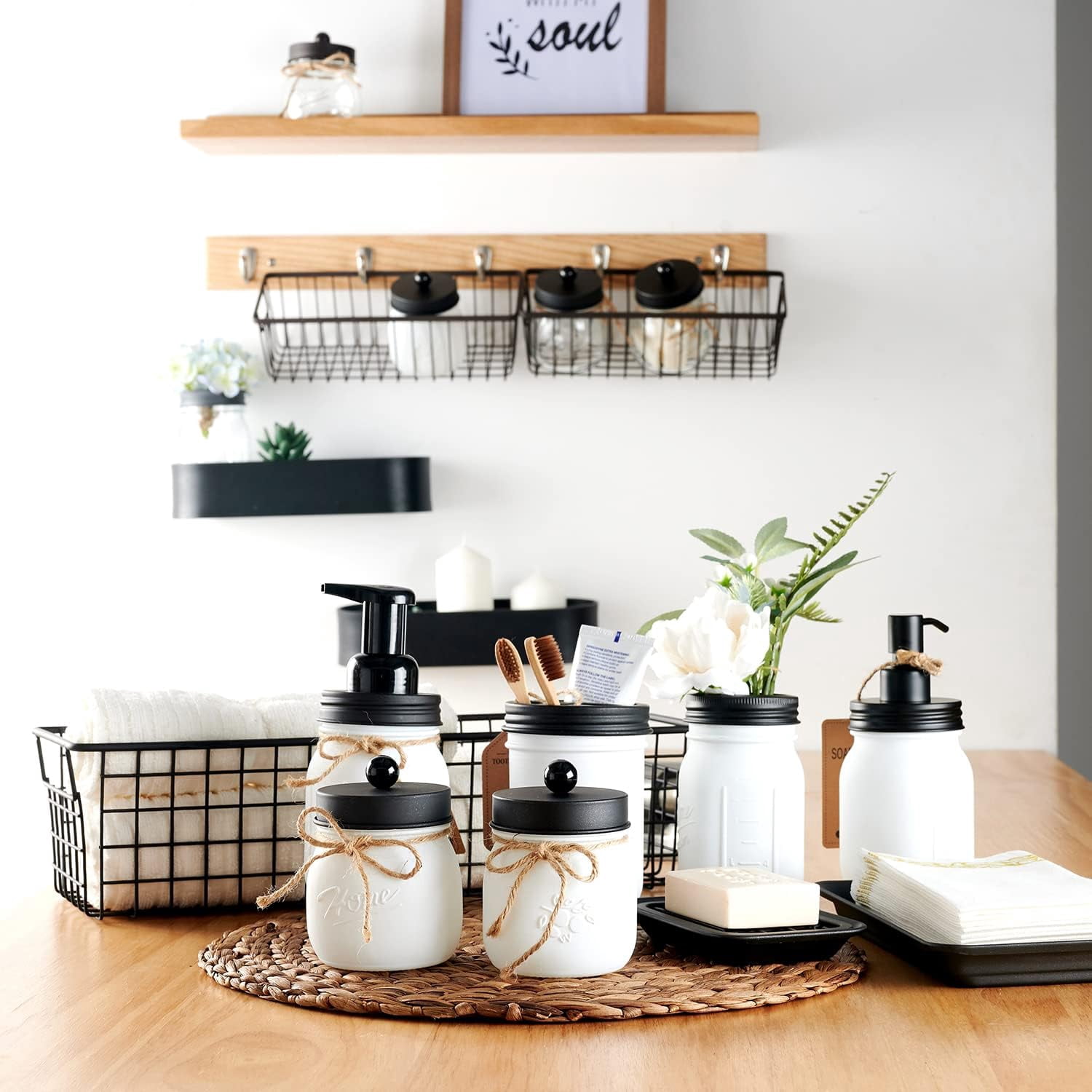 6Pcs Mason Jars Bathroom Accessories Set Complete - Toothbrush Holder, Lotion Soap Dispenser, 2 Mason Jars, Soap Dish, Toilet Paper Basket, Rustic Farmhouse Decor (Brown, 6Pcs Bathroom Set)