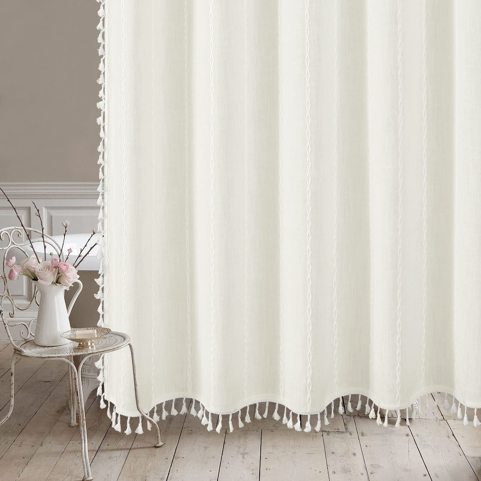 Small Stall Fabric Shower Curtain 36 x 72, White Half Size Narrow Cotton Linen Tassel Cloth Shower Curtains for Chic Modern Farmhouse Country Bathroom Decor