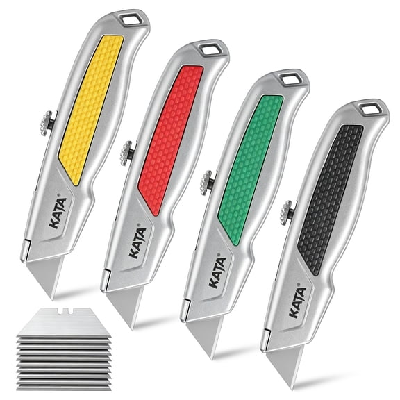 KATA 4-Pack Retractable Utility Knife Set, Aluminum Alloy Box Cutters with TPR Grip and Extra Blades for Cartons, DIY