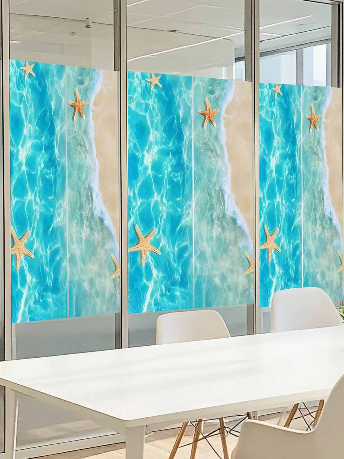 Summer Beach Window Privacy Film, Blue Teal Ocean Waves Beige Sand Starfish Shells Frosted Glass Window Clings Static Cling UV Heat Blocking Reusable Door Sticker for Bathroom 23.6 x 59 Inch