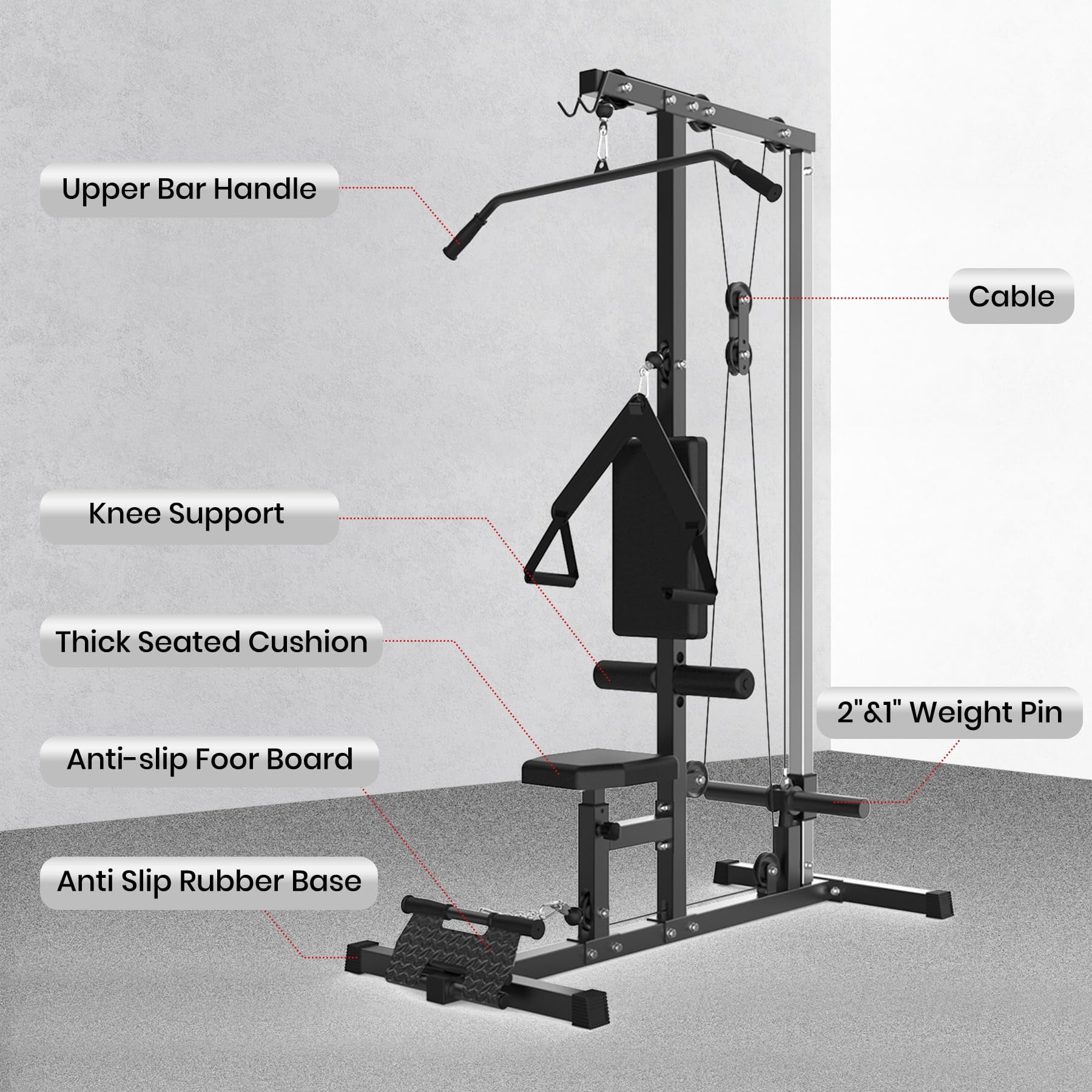 Cable Machine, LAT Pull Down Machine, LAT Row Cable Machine with High and Low Pulley Station, Heavy Duty Back Workout Machine with Leg Support for Home Gym Body Training