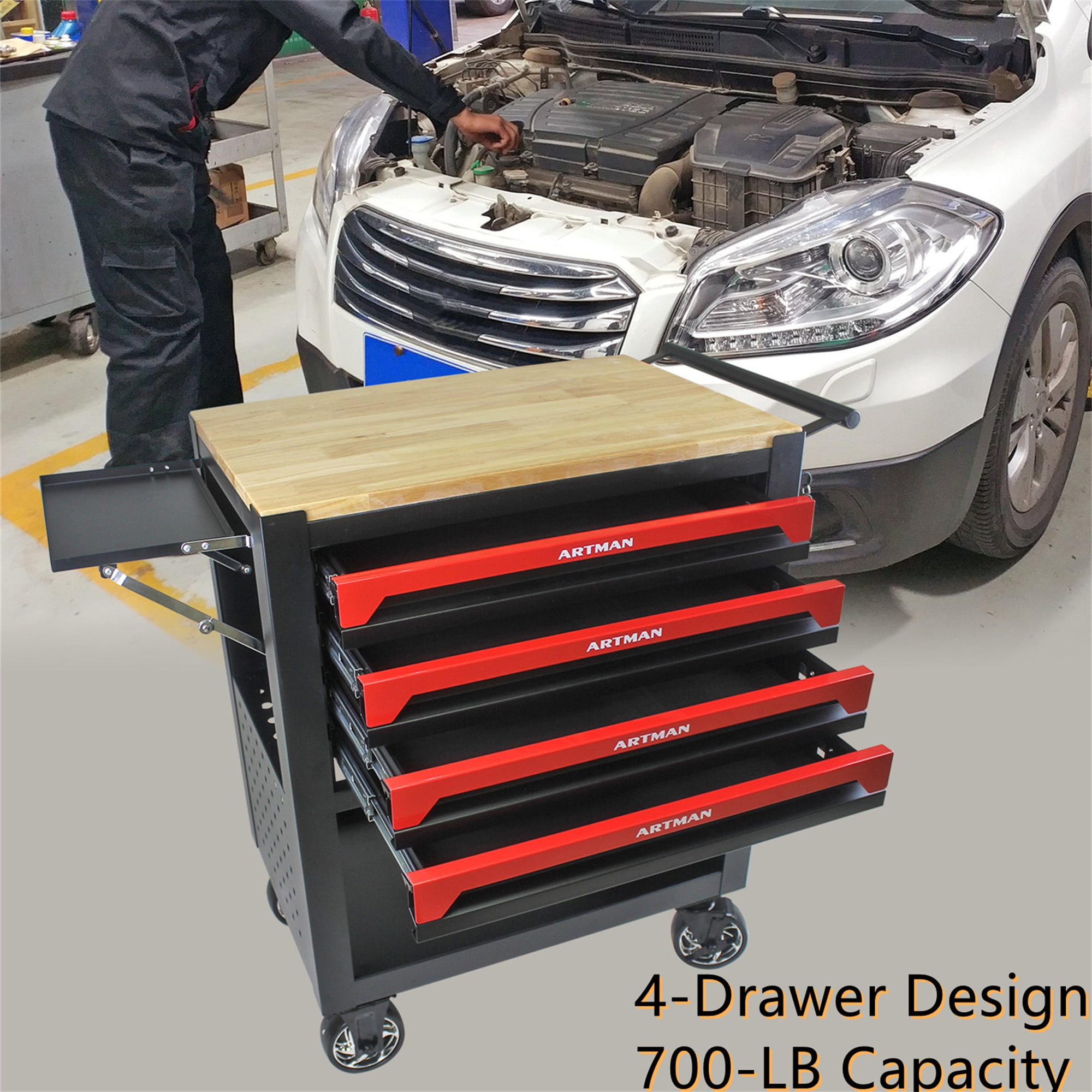 Aukfa 30 inch Mechanic's Tool Cart, 700 LB Capacity 4-Drawer Tool Chest on Wheels for Garage, Red
