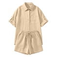 thumbnail image 4 of WRFWUL Matching Sets Women Clothing Short Sets Button Down Roll Tab Sleeve Shirts & Elastic Waist Shorts 2Pc Summer Outfits, 4 of 4