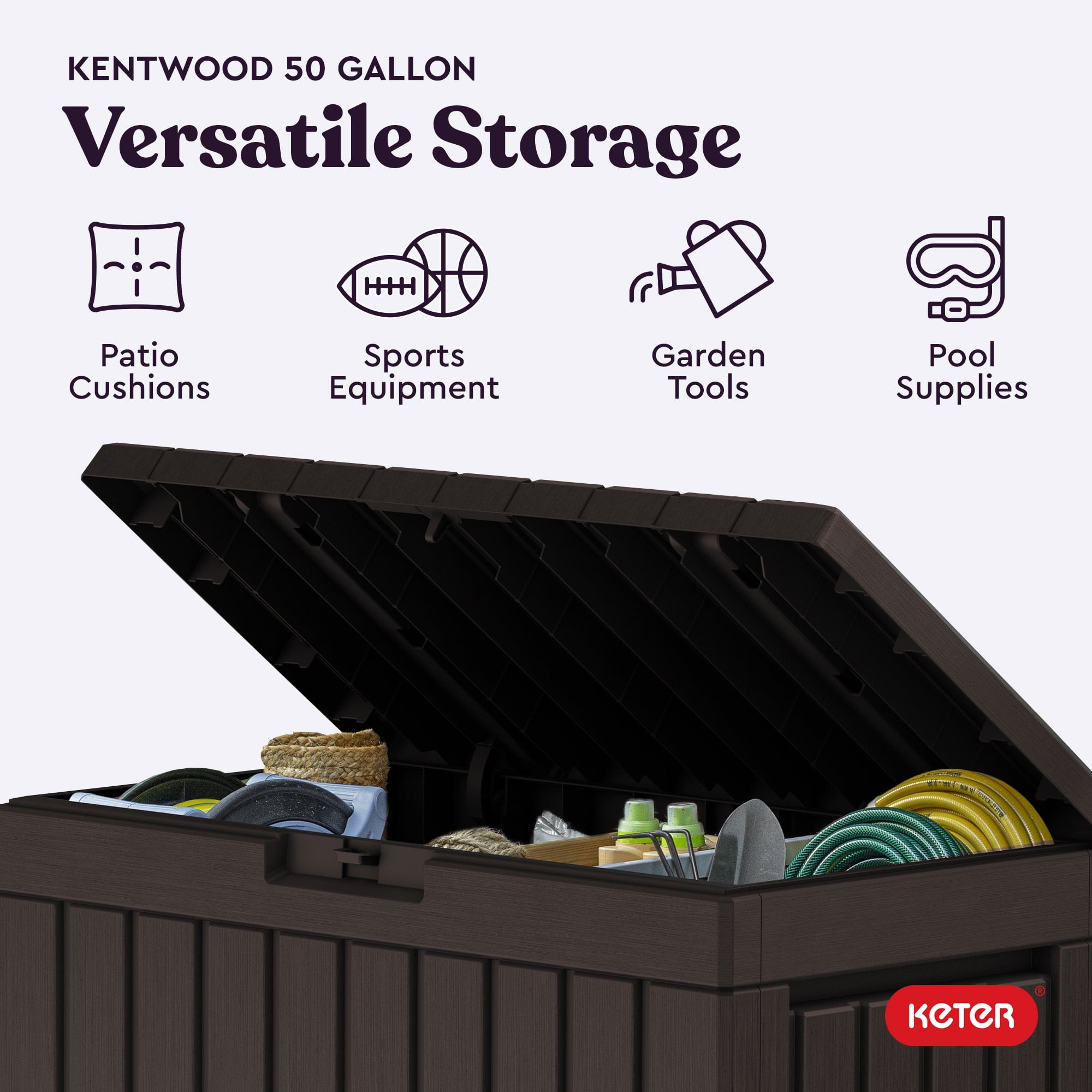 Keter Kentwood 50 Gallon Durable Resin Outdoor Deck Box Storage Organization, Brown