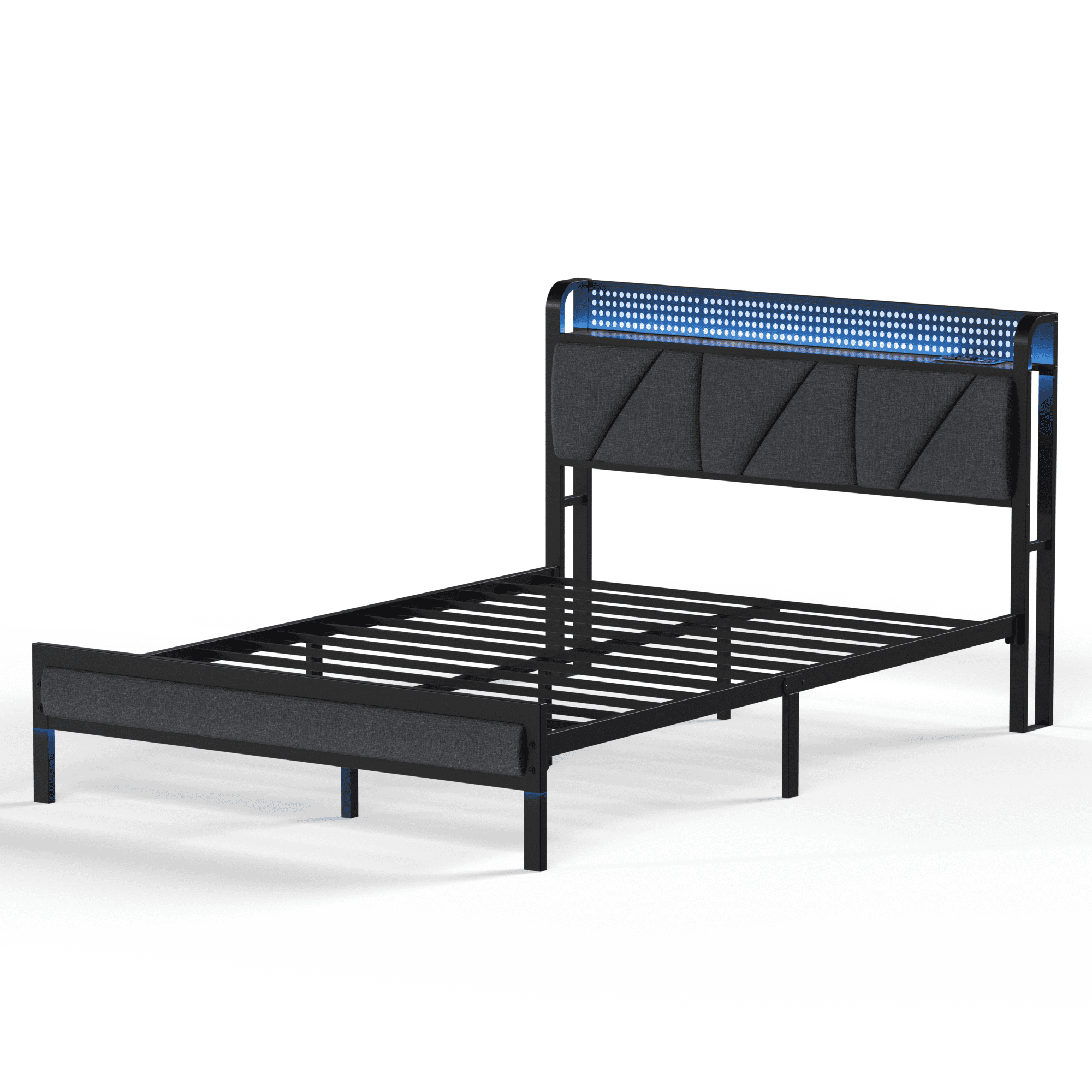 BYT Full Bed Frame with Upholstered Storage Headboard, Metal Platform Bed Station with Charging Station & LED, Noise-Free, No Box Spring Needed