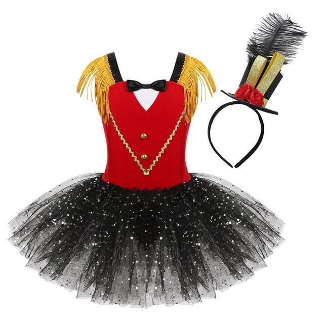 Oyolan Tenue de Cirque d'Halloween pour Filles, Justaucorps-Robe Tutu en Maille à Paillettes avec Mini Chapeau Haut de Forme Rouge 8