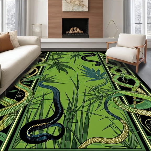 ODIKA 4'x6' Machine Washable Non-Slip Area Rug, Retro Gothic Snake and Tropical Leaf with Boho High Traffic Rug, Green, 89568