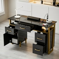 Manicure Table for Nail Tech, Modern High Glossy Nail Desk w/Metal Frame, Nail Station w/4Drawers & 2 Cabinets