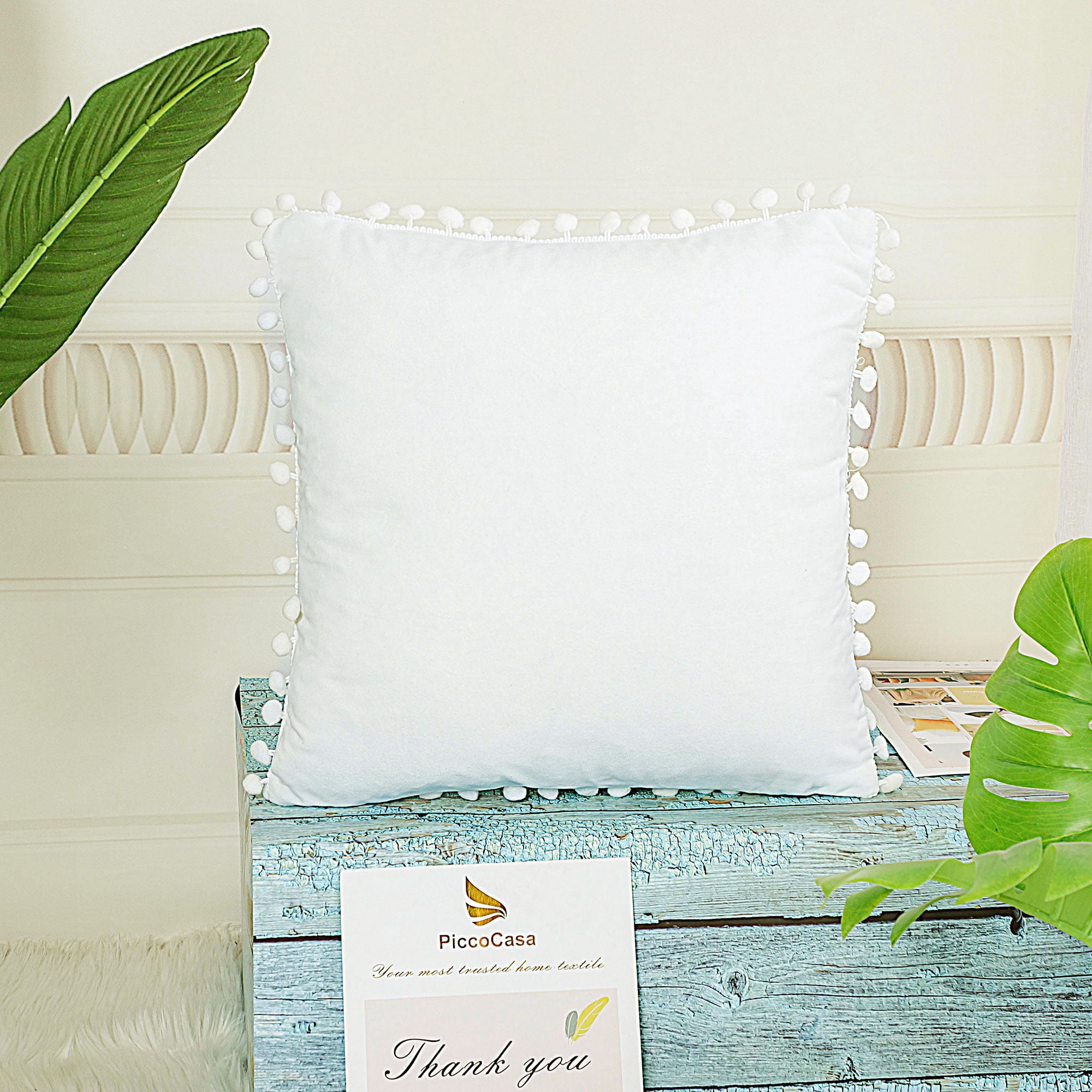 Unique Bargains Velvet Pillow Cover with Pompoms for Sofa 1PCS Snow White 18x18Inch