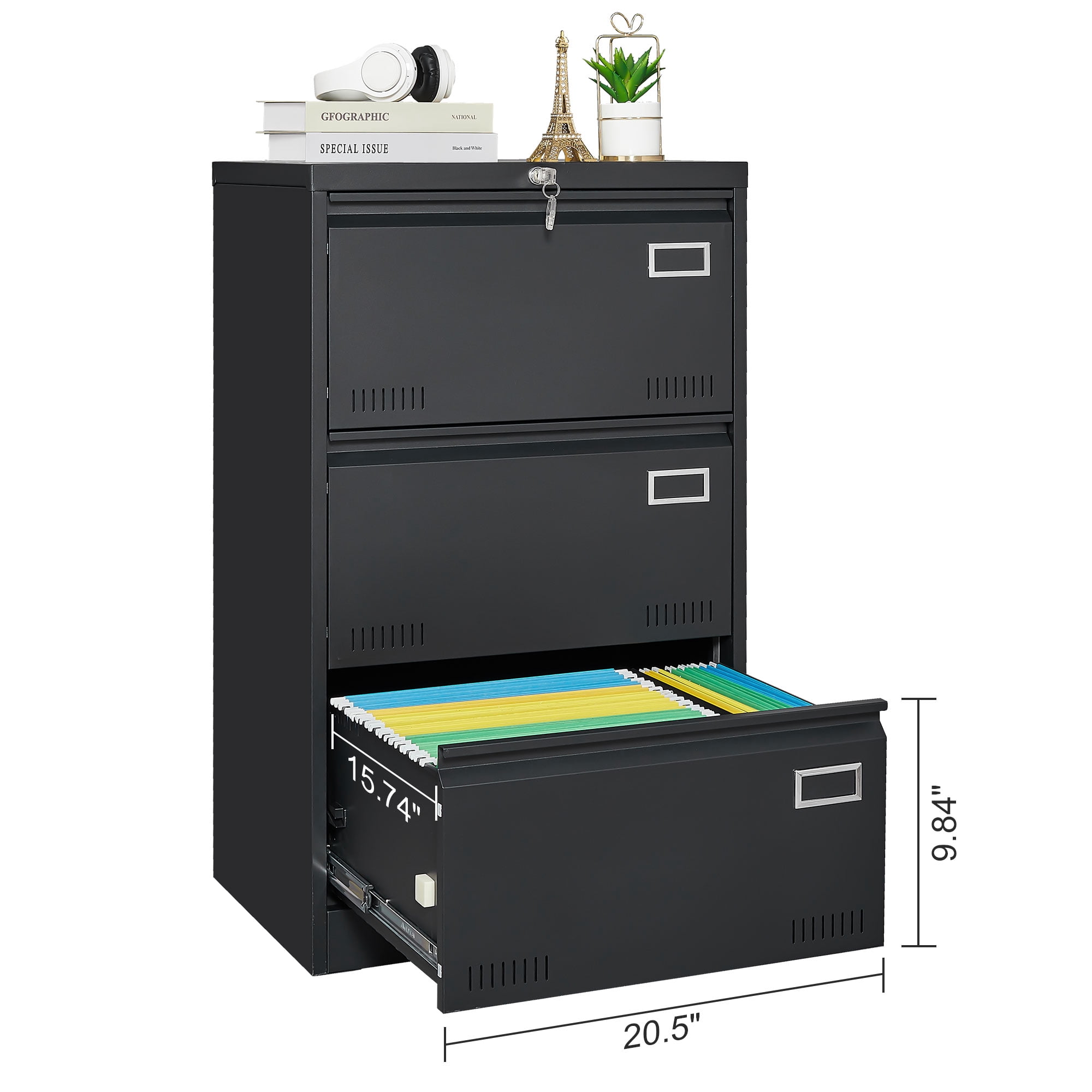 Syngar Metal Lateral File Cabinets with Lock, 3 Widened Drawer Large Filing Cabinet, Lockable Storage Cabinet for Legal/Letter/A4/F4 Size Home Office, Black