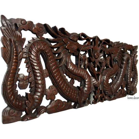 Dragon Wood Carved Wall Panel. Asian Chinese Home Decor. Decorative Wood Carving Sculpture. Dark Brown Finish 35.5”x13.5”x1"