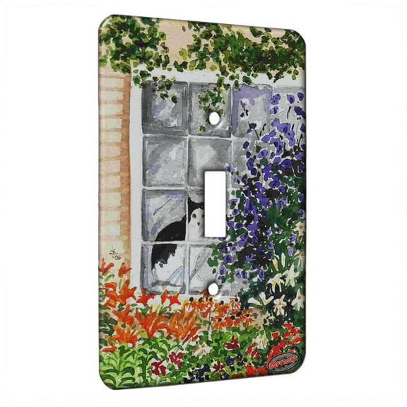 KuzmarK™ Single Gang Toggle Switch Wall Plate - Tuxedo Cat Watching the World Go By Cat Art by Denise Every