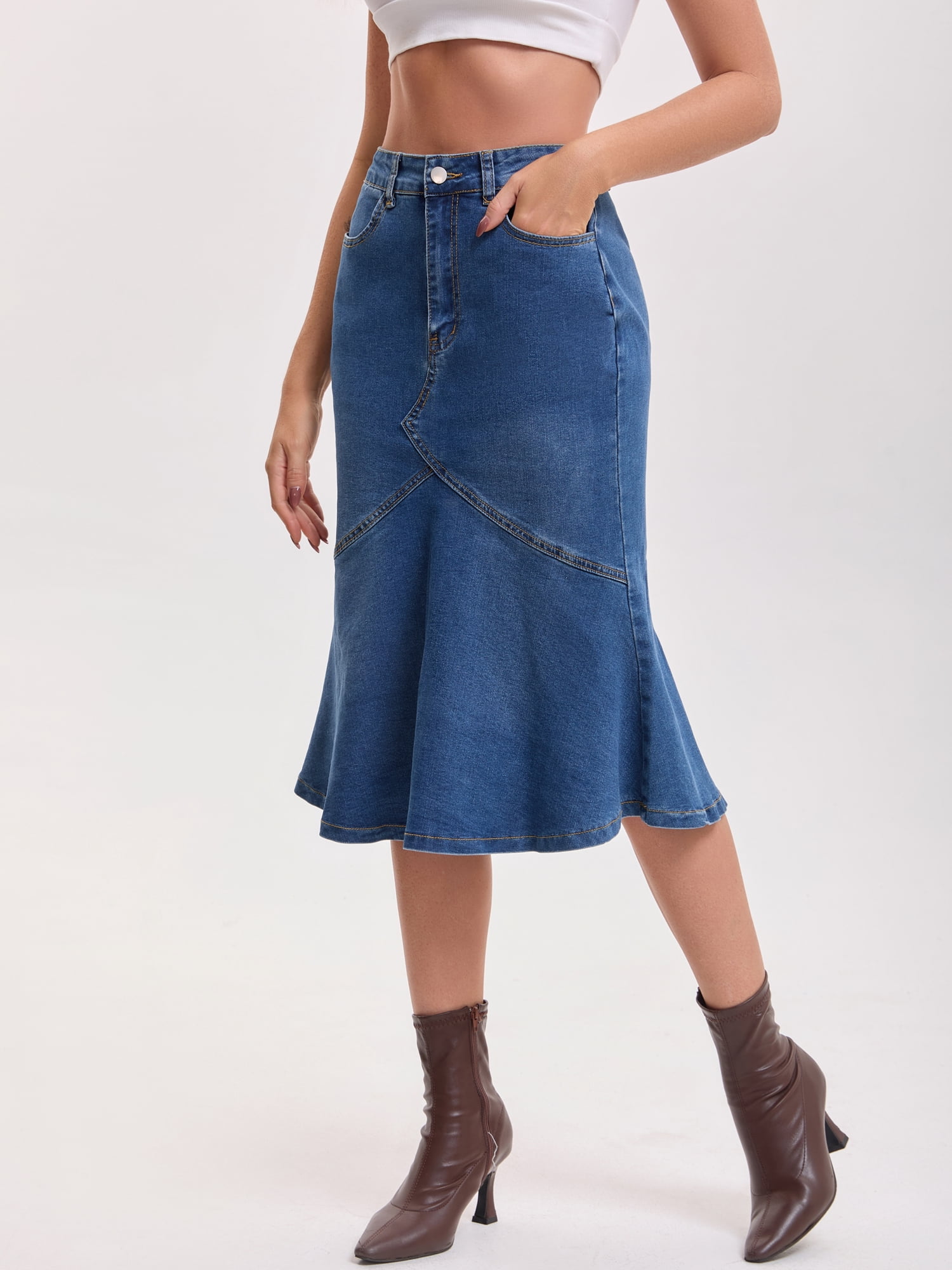 DARING DIVA Women's Bodycon Fishtail Ruffled Knee Length Jean Skirt Large Blue