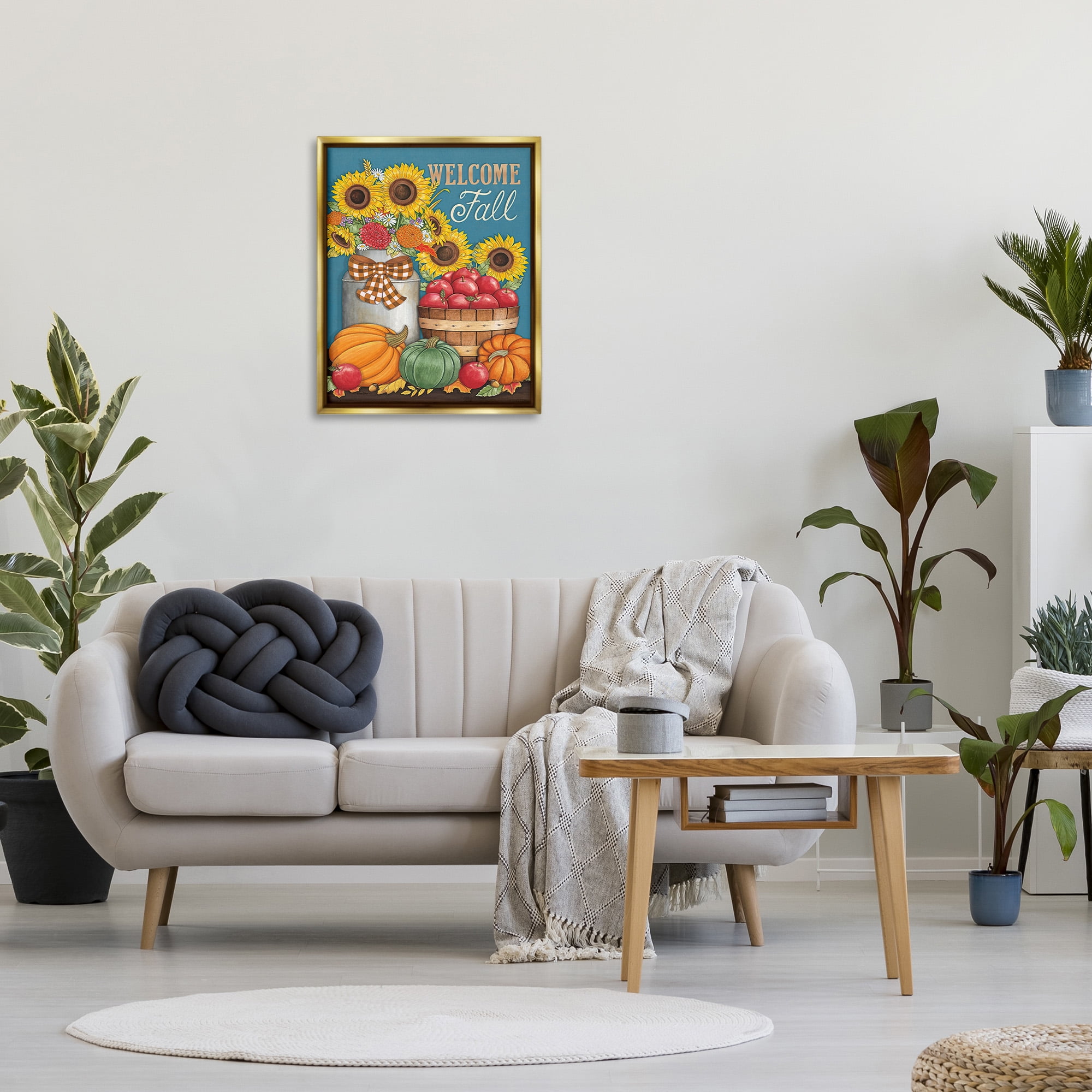 Stupell Industries Welcome Fall Harvest Botanical & Floral Painting Gold Floater Framed Canvas Art Print Wall Art, 25 x 31