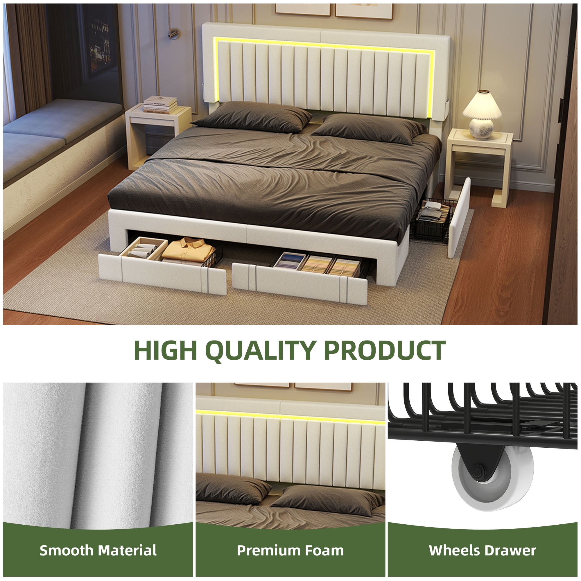 King Size Velvet Upholstered Platform Bed Frame with RGB LED Lights, 4 Storage Drawers & USB Ports (White)