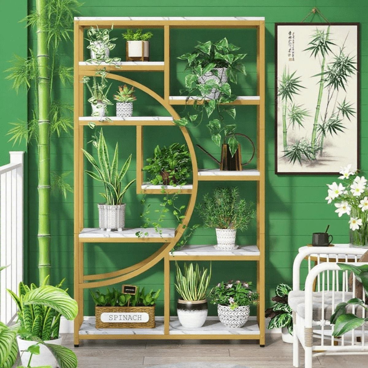 9-Tier Etagere Bookcase, Gold Metal Frame with White Marbling Boards, Half-Moon Silhouette, Industrial-Chic Design for Living Room/Home Office