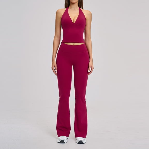 PISONIC Womens Workout Sets 2 Piece Halter Tank Top Straight Leg Yoga Pants Yoga Pilates Outfits