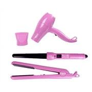 The Neo Choice 3 pcs Trio Complete Full Set W/ 1.25 Inch Hair Straightener, 18-25mm Curling Iron and Mini Hair Dryer (Pink)
