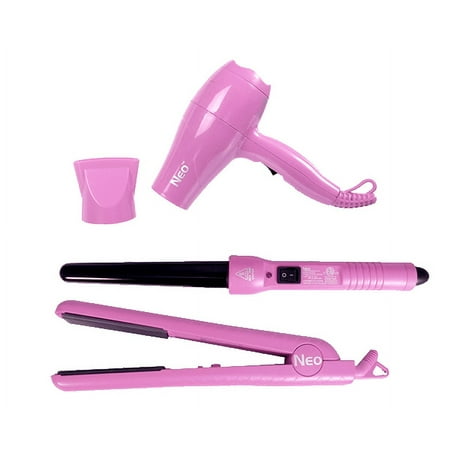 The Neo Choice 3 pcs Trio Complete Full Set W/ 1.25 Inch Hair Straightener, 18-25mm Curling Iron and Mini Hair Dryer (Pink)