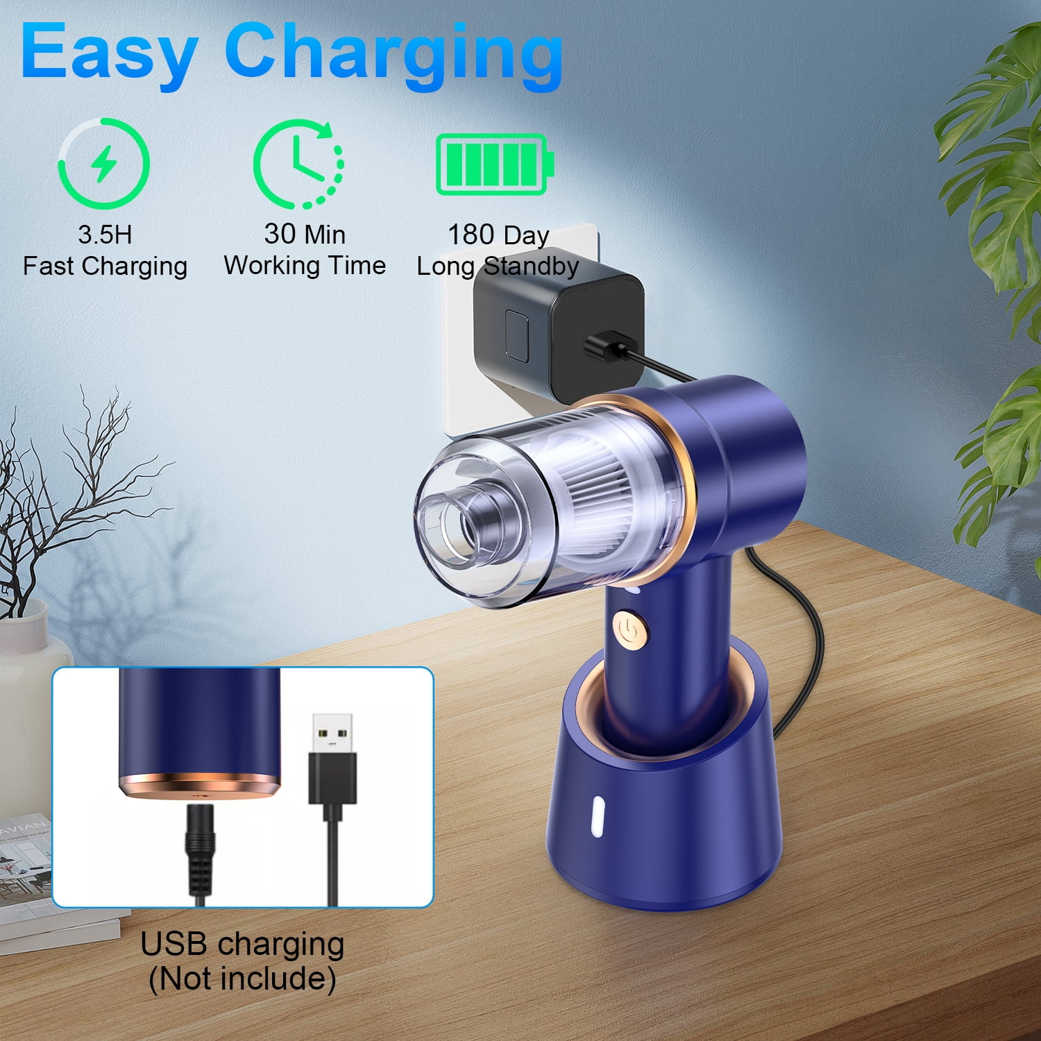 Compressed Air Duster Cordless Handheld Vacuum with Charging Base,AILKIN LED Light Air Blower Electric Compressed Air Duster Cleaner for Computer Keyboard Cleaning,Car,Electronics,Hair,Office