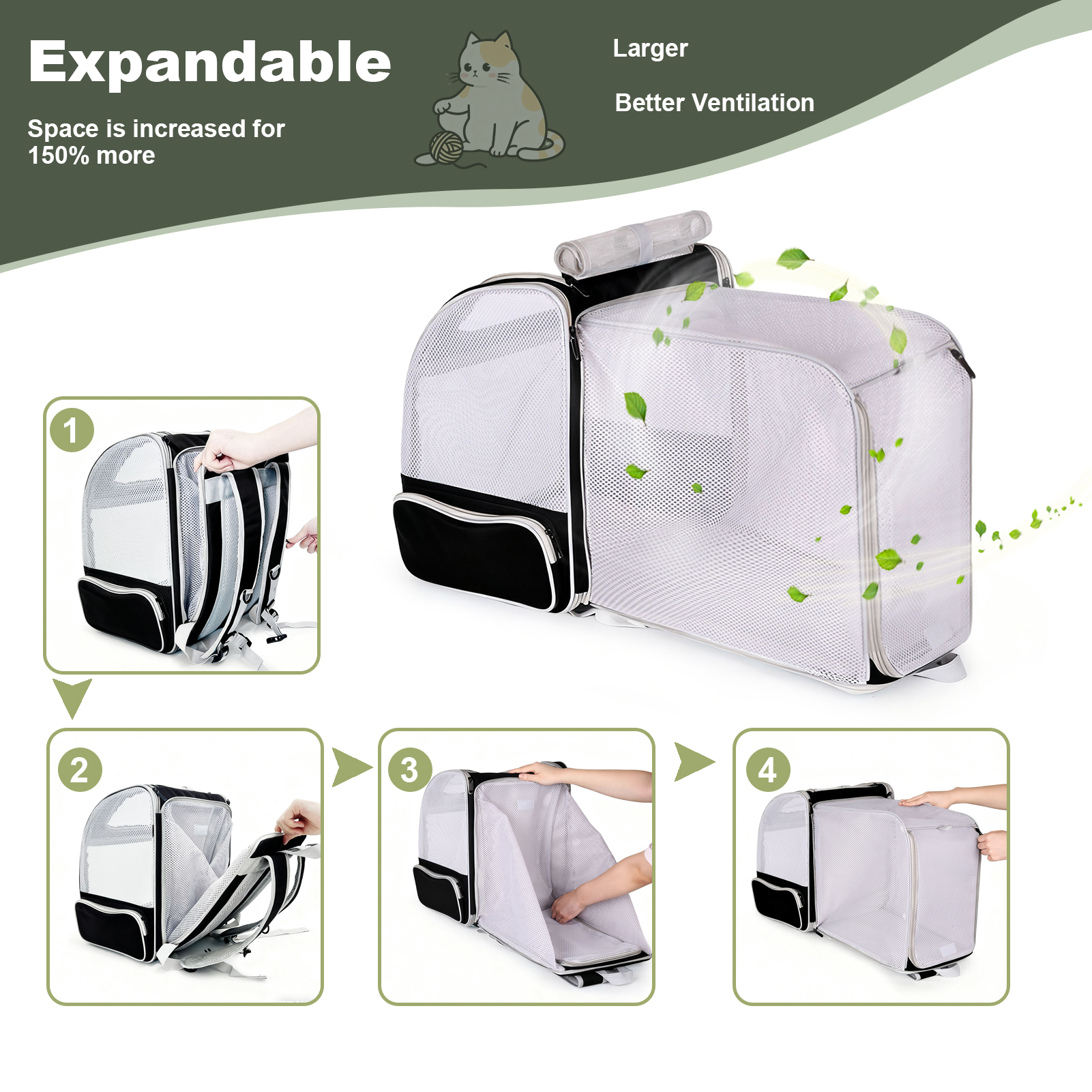 Breathable Cat Backpack Carrier, Fully Ventilation Rear Expandable Pet Carry Bag for 16 lbs Small Puppy Rabbit Bunny, Collapsible Airline Approved Kitten Travel Carrier Cage for Vet Visit