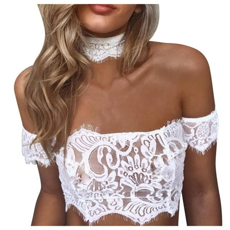 

YUEHAO underwear women Womens y Lace Sheer Crop T Shirts Ladies Bra Bustier y Tops Shirts Female Crop Top White Black White M