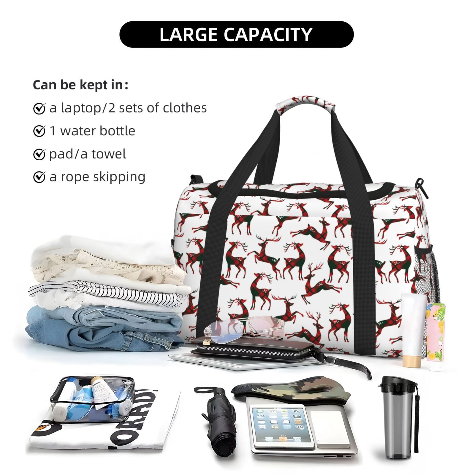 Fuzoiu Christmas Plaid Moose Print Travel Duffle Bag,Carry On Tote Bags,Duffel Bag,Sport Gym Bag, Hospital Bag for Labor and Delivery, Overnight Bag,Luggage Bag
