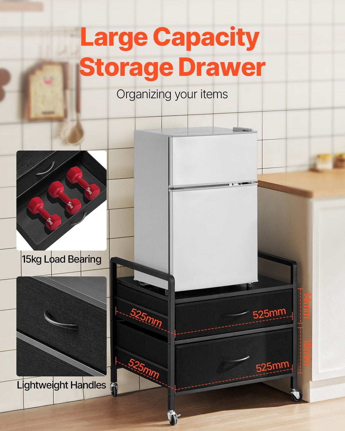 2-Drawer Mini Fridge Table, 176 lbs Capacity, Black Storage Stand for Small Refrigerators