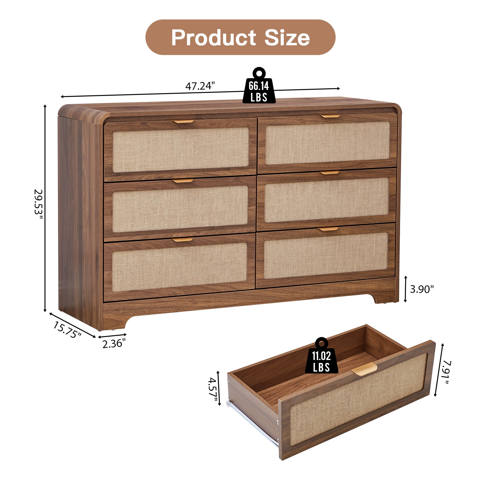 Wirrytor 6 Drawer Rattan Bedroom Dresser, Boho Double Chest of Drawers with Curved Edge, Wood Closet Storage Organizer, Walnut