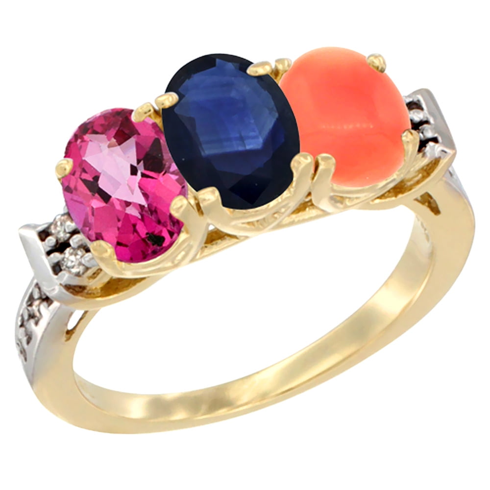 10K Yellow Gold Natural Pink Topaz, Blue Sapphire & Coral Ring 3-Stone Oval 7x5 mm Diamond Accent, sizes 5 10 by WorldJewels