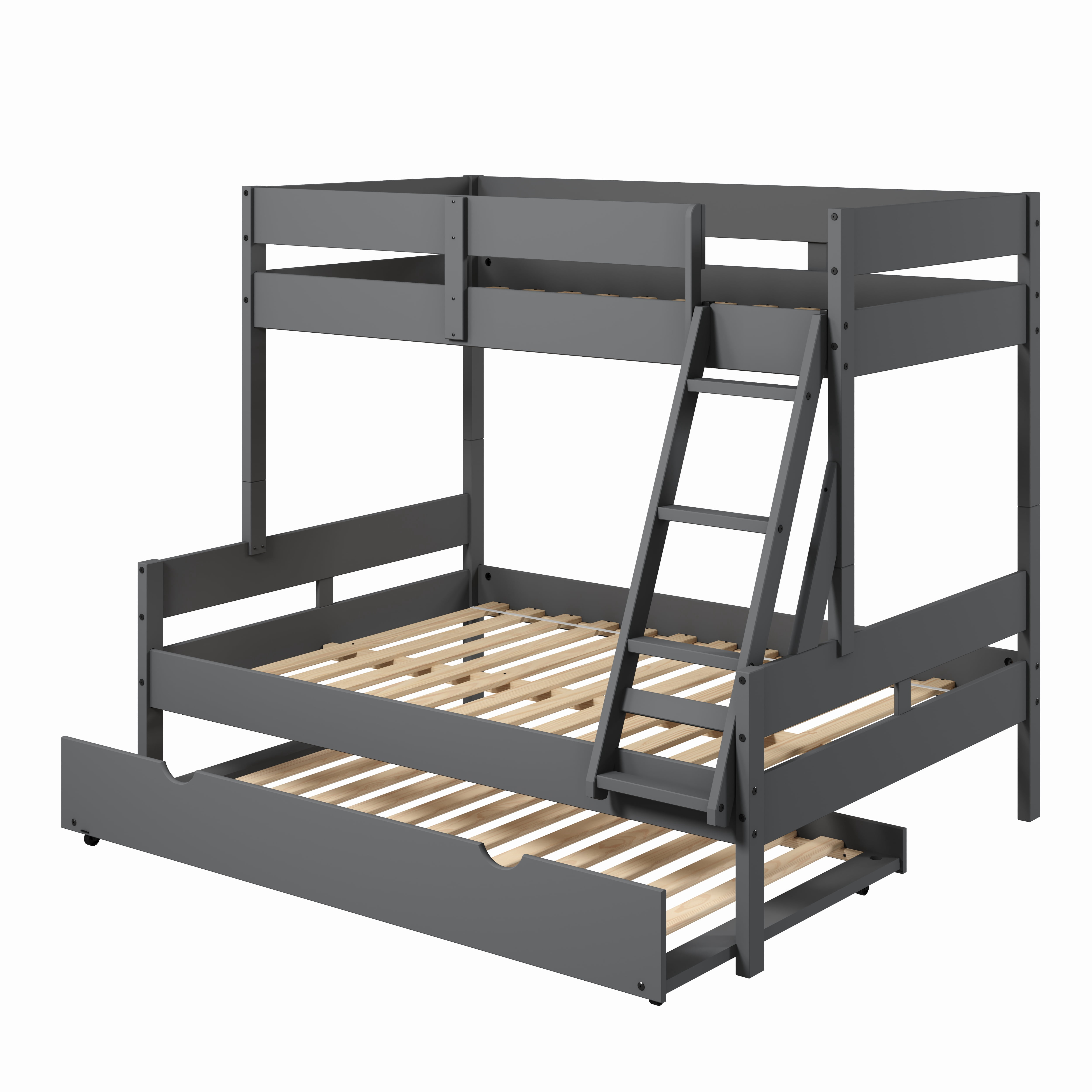 Donco Kids Low Board Panel Twin Over Full Bunkbed with Trundle, Dark Grey
