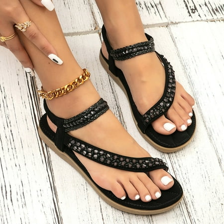 

Christmas Women Shoes Flat Sandals Summer Boho Rhinestone Dress Shoes Comfort Open Toe Elastic Ankle Strap Strapless Sandals Roman Sandals