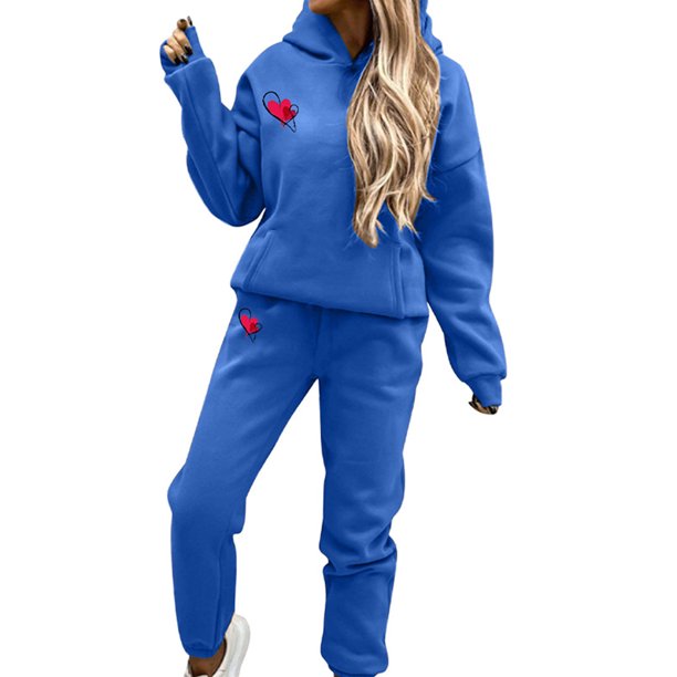 Avamo Women Sweatsuits Hooded Jogger Set Heart Print Two Piece Outfit Warm  Hoodies And Sweatpants Sports Tracksuit Sets Colorful Blue M