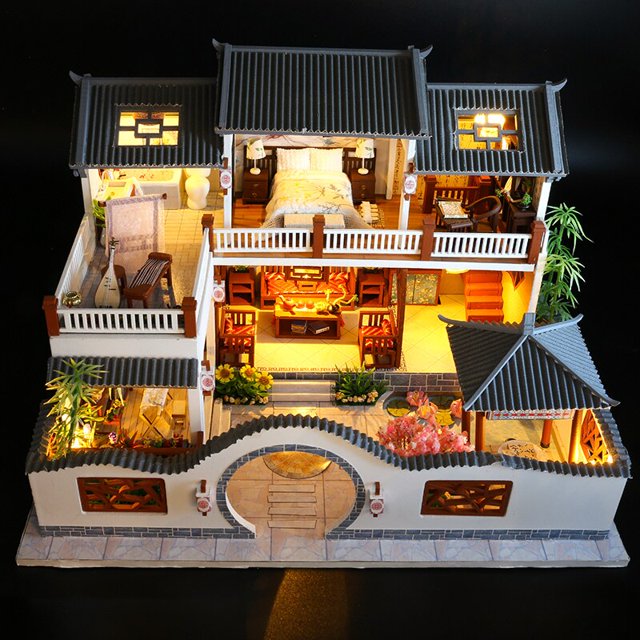 Wooden Miniatures Dollhouse Kits Furniture With Accessories Chinese Villa Doll House Casa Assembled Toys For Adults Gifts heqiyong LED