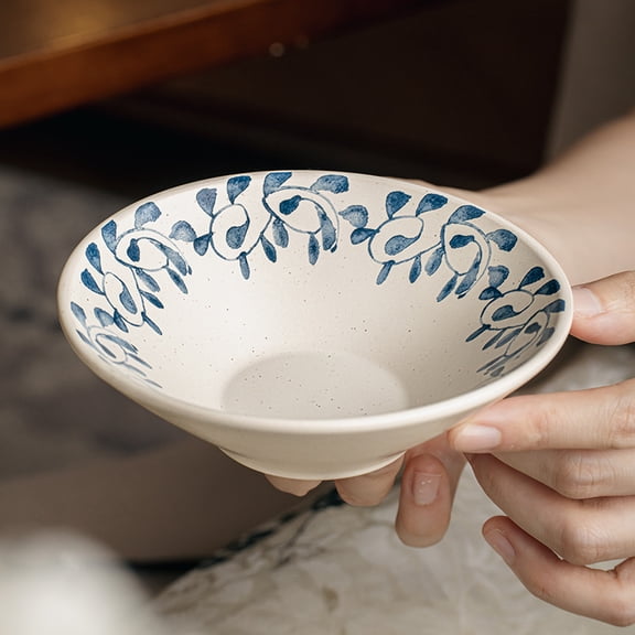 6 Inch Ceramic Soup Bowl, Hand-Painted Blue Floral Porcelain Bowl, Japanese Style Rice Noodle Salad Bowl, Microwave & Dishwasher Safe