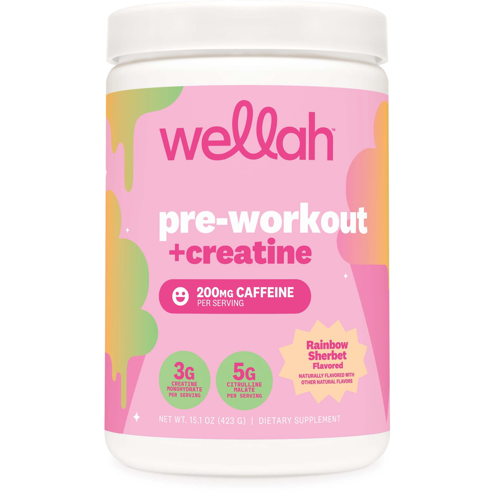 Wellah Pre-Workout + Creatine Powder (30 Servings) Rainbow Sherbert - 200mg Caffeine, 3g Creatine Monohydrate, 5g Citrulline Malate, Pre-Workout with Creatine Supplement