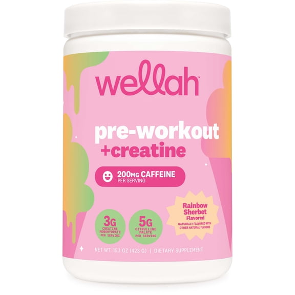 Wellah Pre-Workout Creatine Powder (30 Servings) Rainbow Sherbert - 200mg Caffeine, 3g Creatine Monohydrate, 5g Citrulline Malate, Pre-Workout with Creatine Supplement