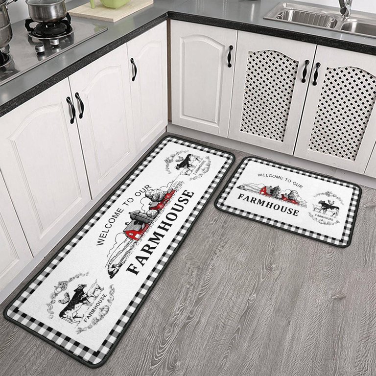 Buffalo Plaid Check Kitchen Rug Mat Set of 2 Kitchen Decor Floor Mats Non  Slip Black and White Farmhouse Washable Kitchen Rugs 