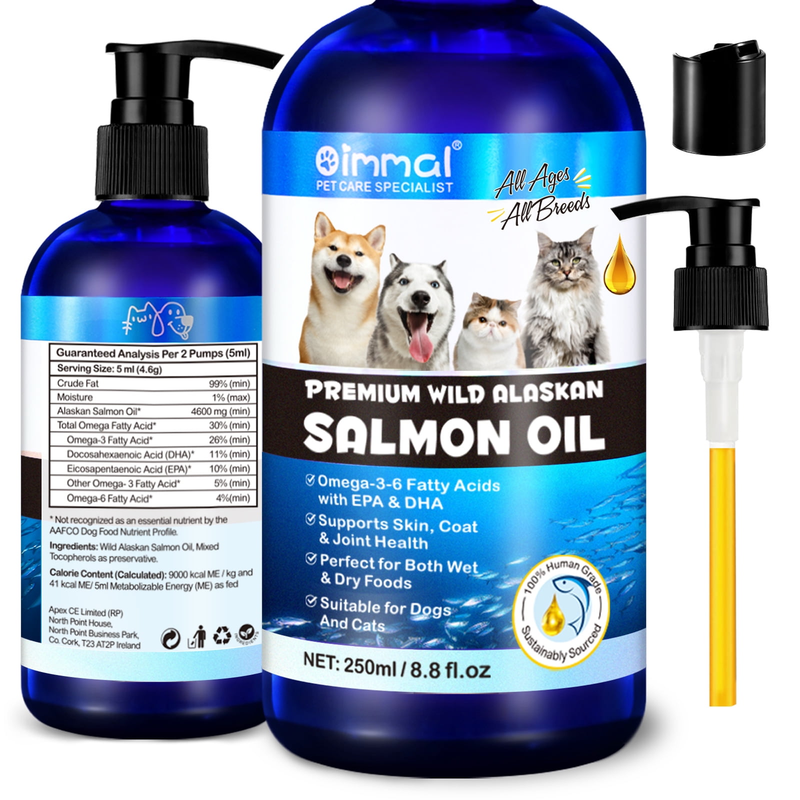 Salmon Oil for Dogs and Cats with Omega 3 Fish Oil, Skin and Coat Support, for All Ages and All Breeds 8.8 fl.oz