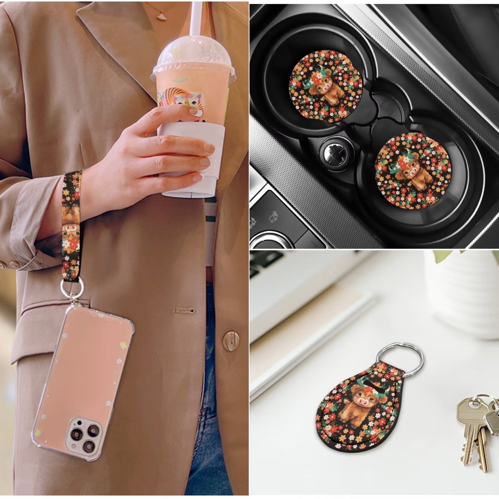 Yuyamidu Highland Cow Auto Seat Cover Full Set 14 Pack Car Accessories Colorful Flower Steering Wheel Cover Armrest Cover Seatbelt Shoulder Pad Headrest Covers Cup Mat Key Ring