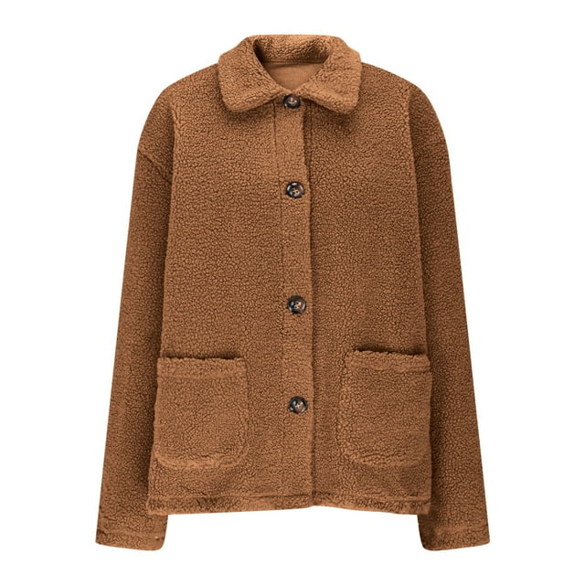 HAiming Womens Fuzzy Coat Button down Lapel Callor Fleece Jacket Tops Solid Color Soft Warm Clothes