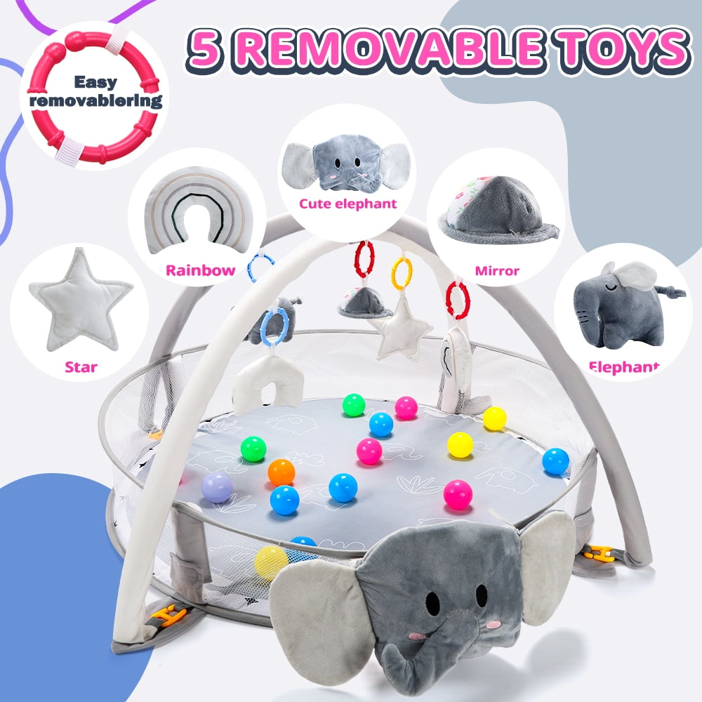 JoyStone 5-in-1 Elephant Baby Gym Play Mat with 30 Balls, Tummy Time Toys, Sensory Mat for Infants 0-12 Months