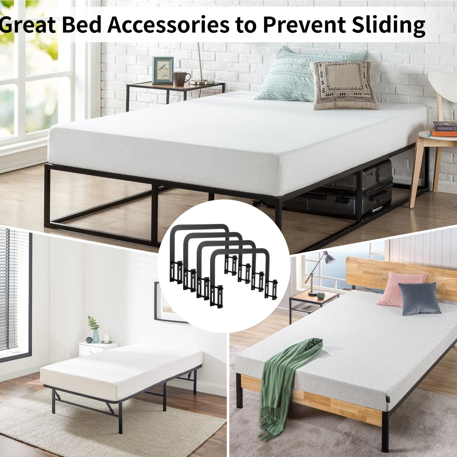 4 PCS Mattress Slide Stoppers with Felt Bedside Bag, Non-Slip Mattress Gripper Retainer Bars, Mattress Holder for Metal Bed Frame to Prevent Sliding
