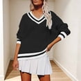 thumbnail image 2 of BODOAO Sweaters for Women Oversized V Neck Varsity Stripe Knit Pullover with Long Sleeves Preppy Casual Top for Fall Winter College Style and Weekend Outfits Black L, 2 of 4