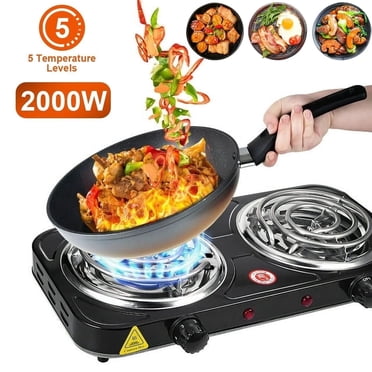 2000W Electric Double Burner Coil Stove-Portable Hot Plate Electric for Cooking, Countertop RV Hotplate with Non-Slip Rubber Feet and 5 Temperature Adjustments